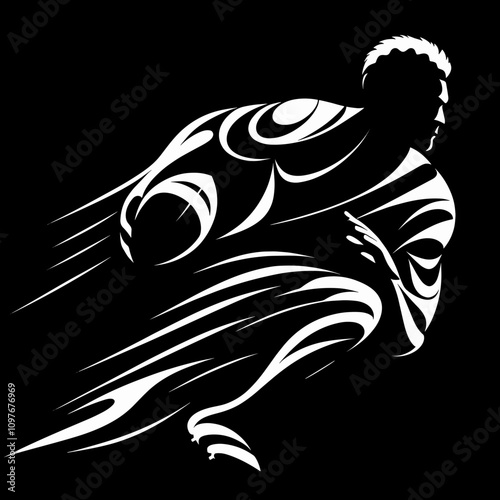 Dynamic black and white illustration of a soccer player with powerful lines of movement