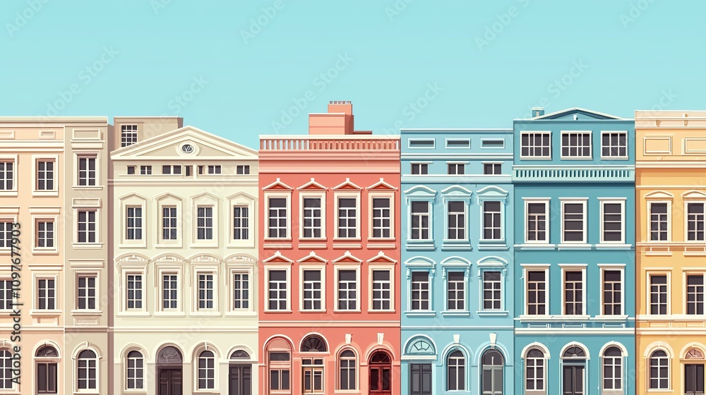 Naklejka premium A detailed view of urban downtown buildings with artistic facades and historical designs.