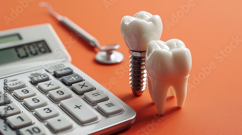 Dental teeth implant over calculator for hospital expenses on blank orange background
