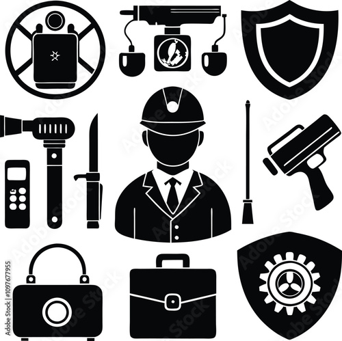 Black & White Security Icons Vector: Guard, Shield, Briefcase, Hard Hat, Weapon, Surveillance, Protection, Safety, Industry, Law Enforcement