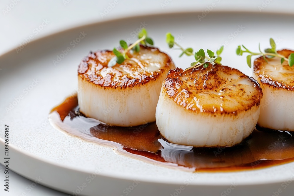 Seared scallops on plate with garnish Seared scallops on plate with garnish