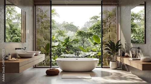 Modern Bathroom with Luxurious Bathtub Overlooking Lush Greenery. generator AI