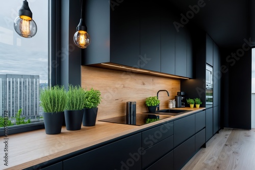 Moderne schwarze Küche mit Holzarbeitsplatte und grünen Pflanzen – Innenarchitektur, Modern black kitchen with wooden worktop and green plants - Interior design
