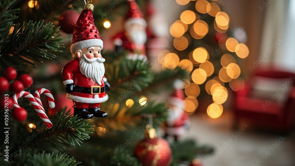 Close-up of Christmas Tree with Santa Ornaments, Candy Canes, and Festive Lights Close-up of Christmas Tree with Santa Ornaments, Candy Canes, and Festive Lights