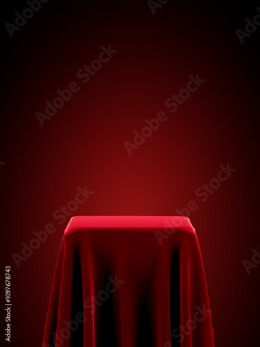 Red draped podium with a dark gradient background for presentations.