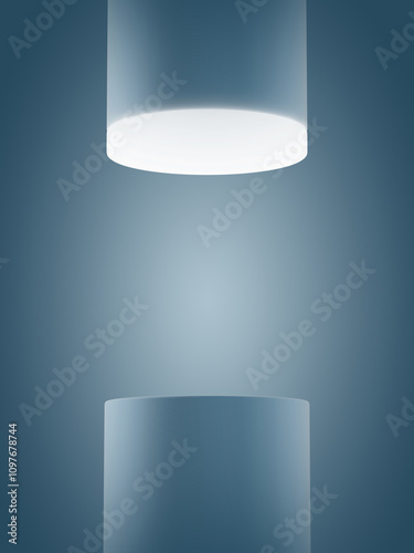 Floating translucent cylinders with soft lighting on a gradient blue background.