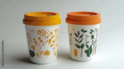 of two biodegradable recycling containers or cups with a nature themed botanical design showcasing a sustainable and eco friendly concept for packaging or product design photo