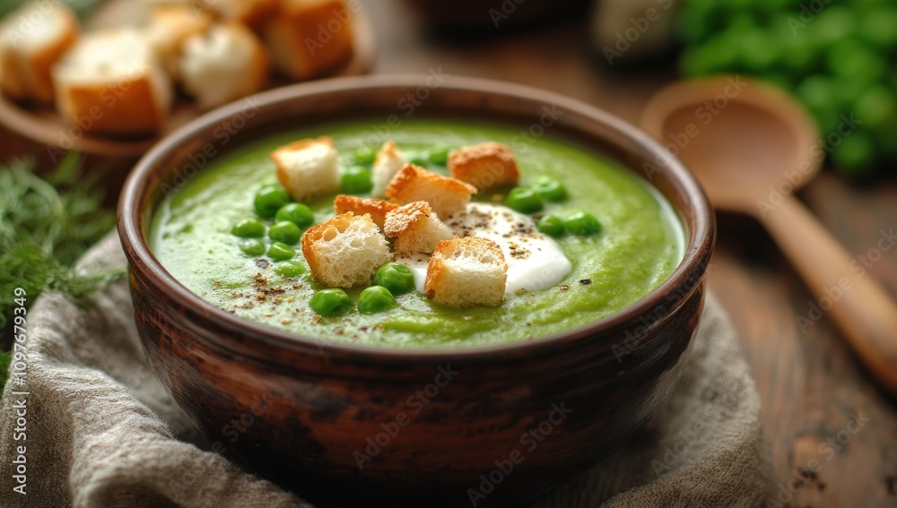Bowl of Creamy Green Pea Soup with Croutons