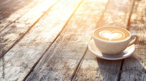 A latte with a heart design on a wooden table, illuminated by soft sunlight.