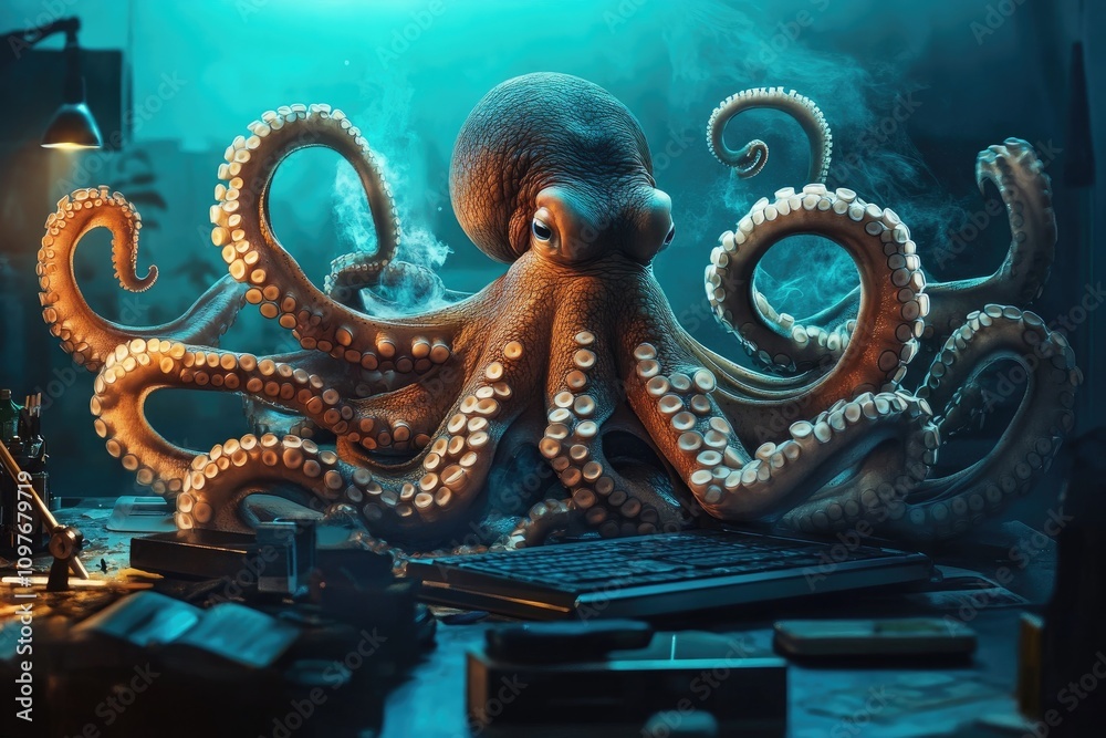 Obraz premium An octopus managing multiple tasks at once, with each tentacle handling a different task