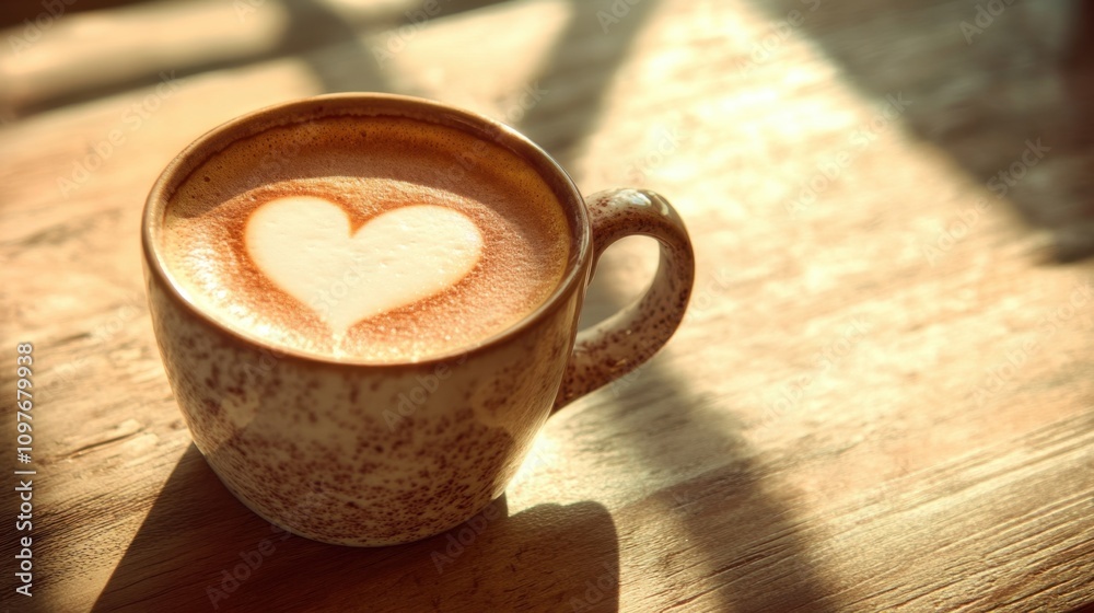 A cozy cup of coffee with a heart-shaped latte art on a sunlit wooden table.