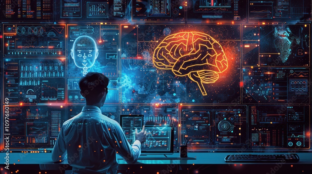 Man analyzing brain data on multiple screens.