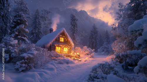 serene winter scene featuring a snow-covered landscape illuminated by soft, ambient light with ample empty space, perfect for overlaying text, evoking tranquility, nostalgia, and seasonal joy
