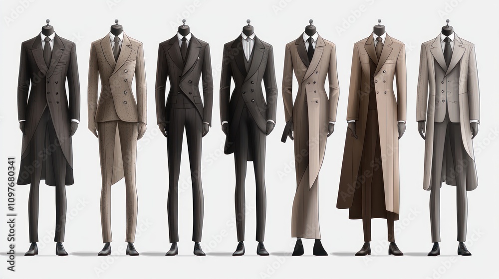 Seven Stylish Mens Suits Displayed On Mannequins Seven Stylish Mens Suits Displayed On Mannequins