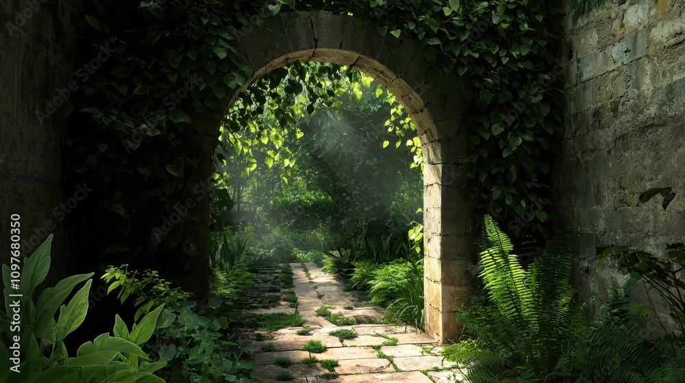 Enchanted Pathway Through Ancient Archway Surrounded by Lush Greenery Enchanted Pathway Through Ancient Archway Surrounded by Lush Greenery