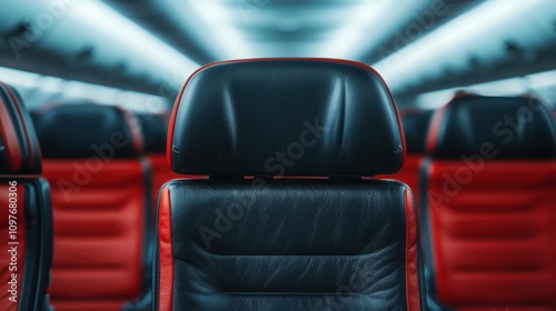 Travel restrictions protect global health. A close-up view of a black airplane seat with red accents, set against a blurred background of other seats and ambient lighting.