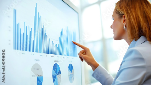 A businesswoman pointing at a presentation slide featuring holiday themes during a meeting 