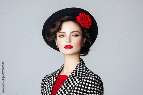 Striking,Sophisticated Female Model in High-Fashion Portrait with Flawless Cosmetics and Luxurious Wardrobe photo