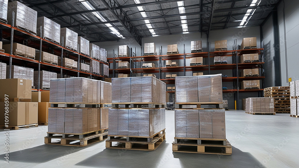 Modern Warehouse with Pallets of Goods Neatly Arranged on High Shelves and Bright Lighting Modern Warehouse with Pallets of Goods Neatly Arranged on High Shelves and Bright Lighting