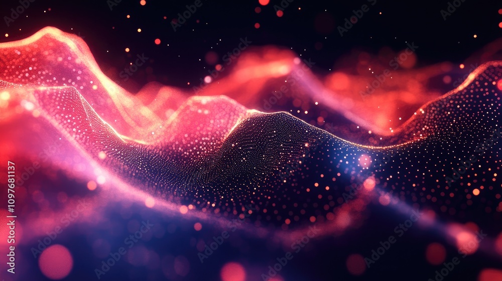 Abstract digital landscape with mesmerizing red and blue glowing particles creating a wave-like effect. Abstract digital landscape with mesmerizing red and blue glowing particles creating a wave-like effect.