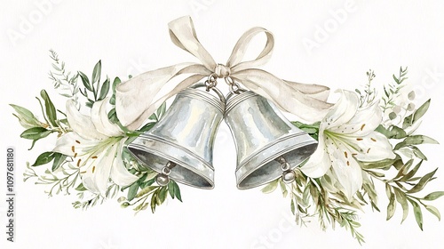 Romantic silver wedding bells with a metallic shine adorned with beautiful lilies and lush greenery bound by a flowing ribbon for a classic and elegant wedding theme or holiday