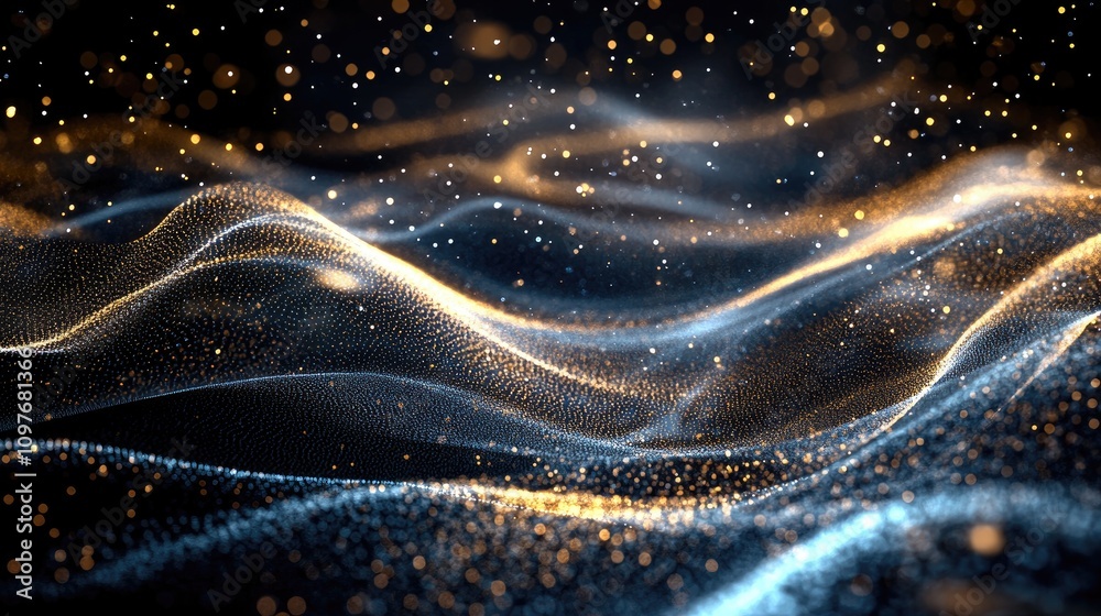 An abstract wave of shimmering particles in blue and gold tones, creating a dynamic and enchanting visual experience.