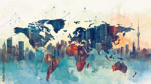 Abstract world map overlaying a vibrant city skyline, symbolizing globalization and connectivity. photo