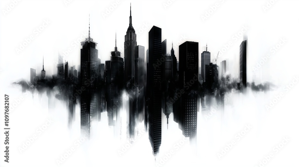 Obraz premium Minimalist high-rise cityscape in black and white with soft fog.