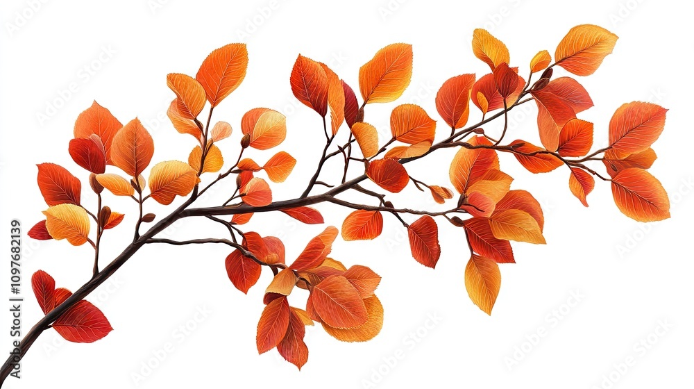 Vibrant autumn leaves in shades of orange and yellow on a delicate branch. Vibrant autumn leaves in shades of orange and yellow on a delicate branch.