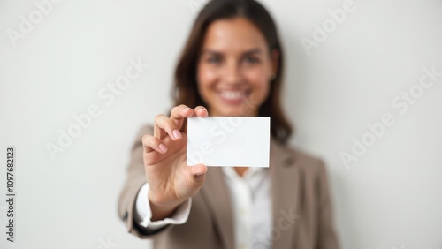 Realtor business card. A smiling woman in a suit holds a blank business card towards the camera, with focus on the card and a blurry background.