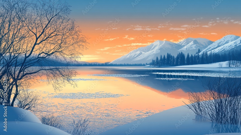 Serene Winter Sunset Over Snowy Mountain Lake Serene Winter Sunset Over Snowy Mountain Lake