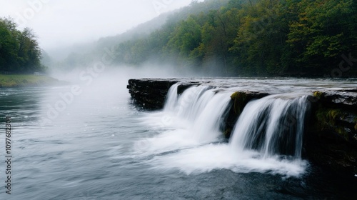 Breathtaking View of a Serene Waterfall in a Tropical Forest Surrounded by Lush Greenery and Misty Rain, Capturing Nature's Tranquility and Beauty