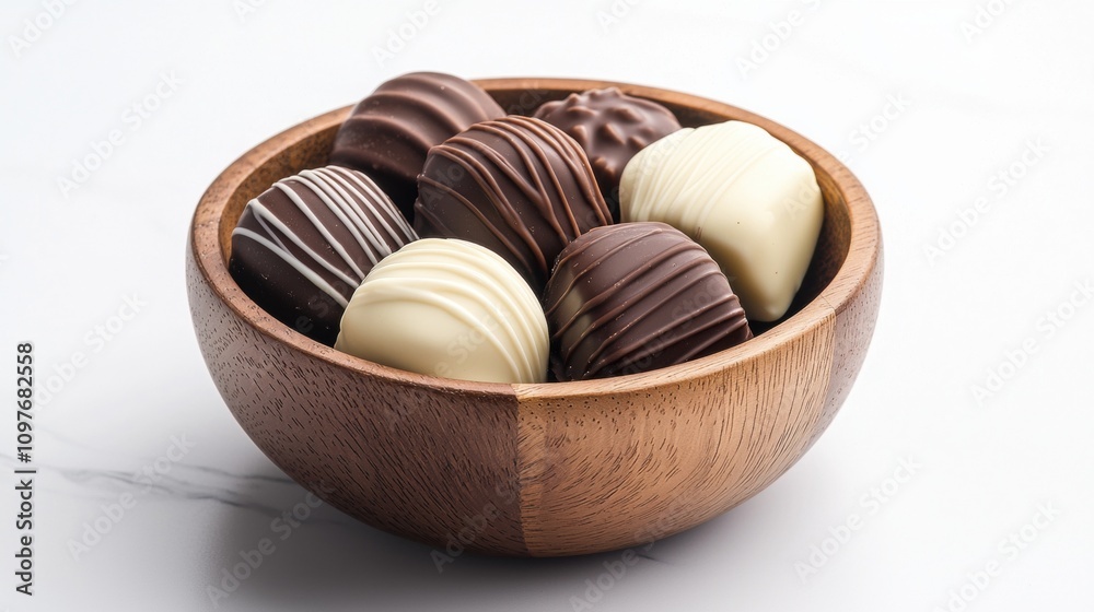 A wooden bowl filled with assorted chocolates