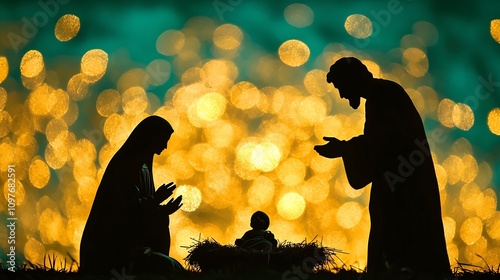 Silhouetted nativity scene featuring the holy family of Mary Joseph and the newborn baby Jesus in a humble stable illuminated by a warm golden light against a serene teal and gold backdrop photo