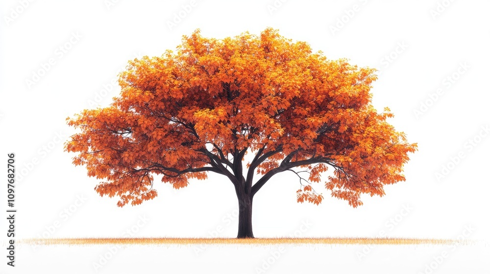 A majestic orange tree stands out against a white background, showcasing its vibrant autumn foliage.