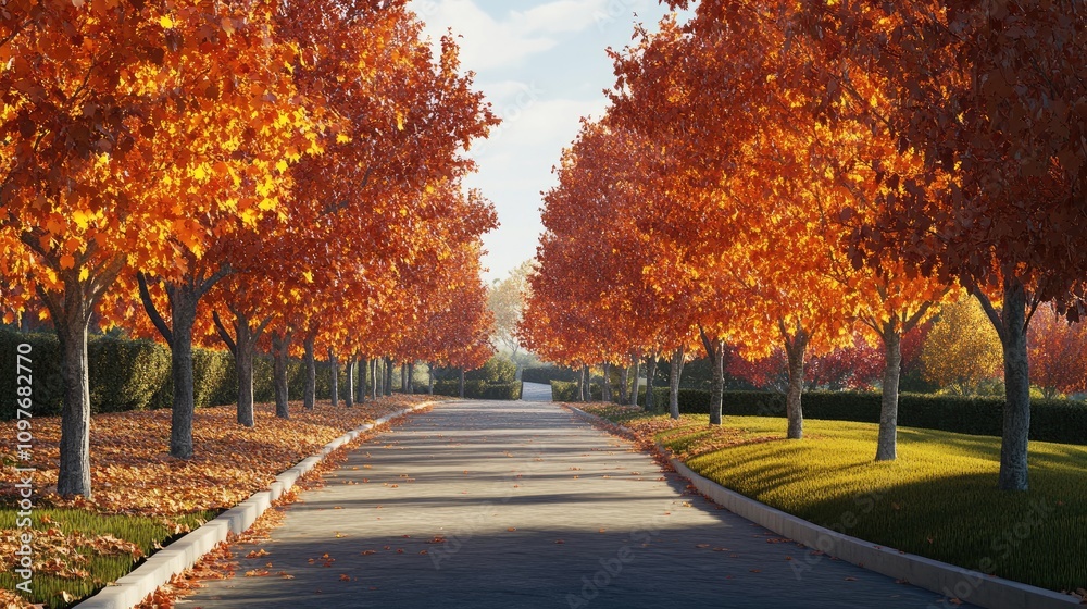 A tranquil pathway lined with vibrant orange autumn trees, creating a serene and picturesque fall scene. A tranquil pathway lined with vibrant orange autumn trees, creating a serene and picturesque fall scene.