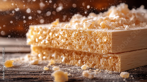 MDF chipboard made from compressed sawdust showing a chaotic texture symbolizing the transformation of raw materials into structured surfaces for construction or furniture