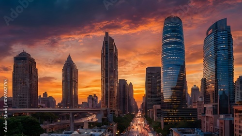 City skyline displaying modern architecture and vibrant lights during sunset in an urban setting
