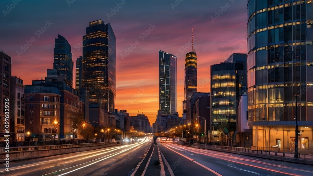 Obraz premium City skyline displaying modern architecture and vibrant lights during sunset in an urban setting
