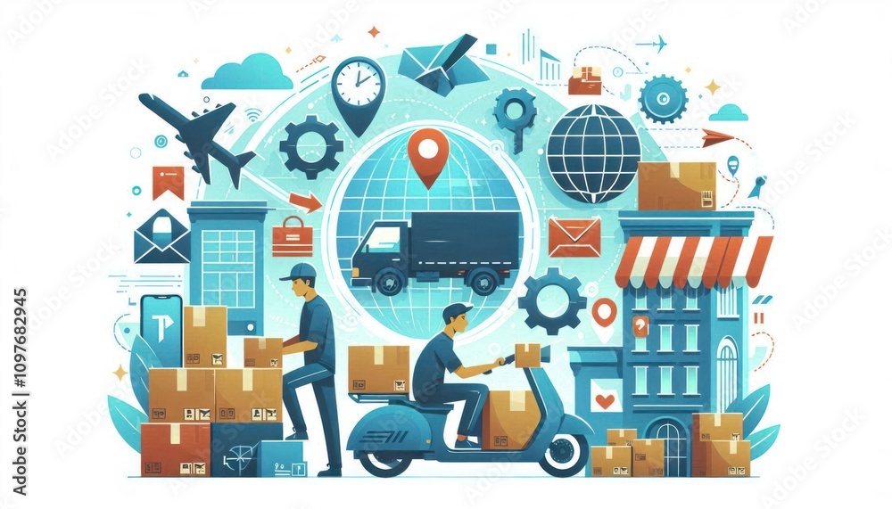 Illustration of last-mile package delivery challenges with intricate design elements highlighting logistics issues Illustration of last-mile package delivery challenges with intricate design elements highlighting logistics issues