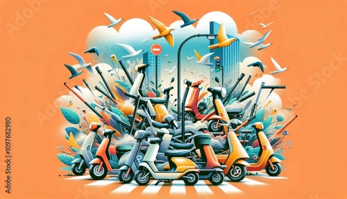 Vector illustration of micromobility congestion, showcasing scooters cluttering a city sidewalk with a blend of organic and urban elements, reflecting modern transportation challenges photo