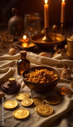Intricate gold containers for frankincense and myrrh on a wooden table in an elegant setting
