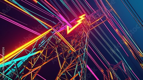 Striking glowing arrow made of vibrant luminous beams illuminating the intricate crisscrossing steel structure of a high voltage transmission tower against a dramatic dark backdrop