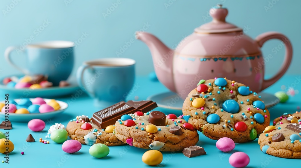 Homemade rainbow cookies with candies and chocolate teapot and tea cup on a blue background Homemade rainbow cookies with candies and chocolate teapot and tea cup on a blue background