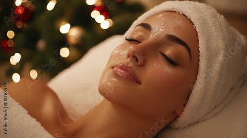 Relaxing holiday facial treatment with glowing skin and festive ambiance