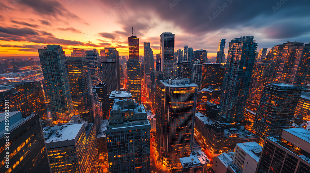 Fototapeta premium A rooftop perspective of a city glowing with lights as the sun sets, highlighting skyscrapers and urban structures 