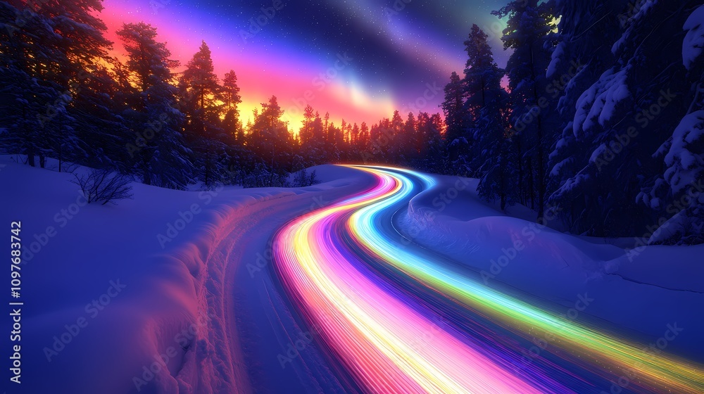 Winter Aurora Road outdoor landscape illustration poster background