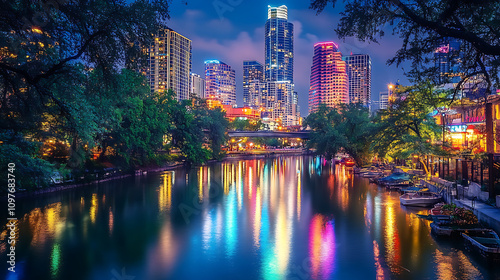 A serene evening cityscape with reflections of colorful building lights shimmering on a calm river  photo