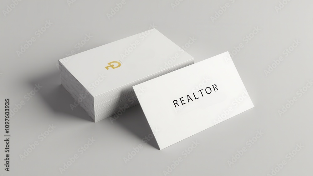 Realtor business card. Stacked white business cards on a grey surface, one card in front says \ Realtor business card. Stacked white business cards on a grey surface, one card in front says \