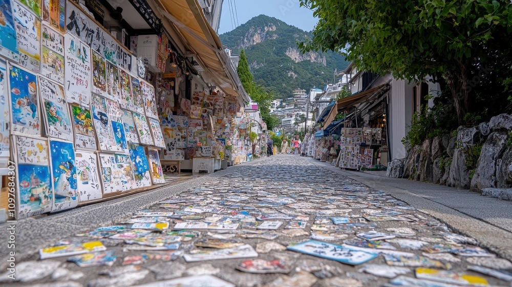 Fototapeta premium Charming Asian Street Market Stone Path Artwork Souvenirs Travel Picturesque Village